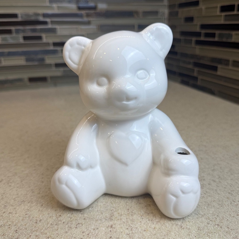VTG 1980s Russ Berrie Ceramic White Teddy Bear Coin Bank w/ Heart Nursery Decor